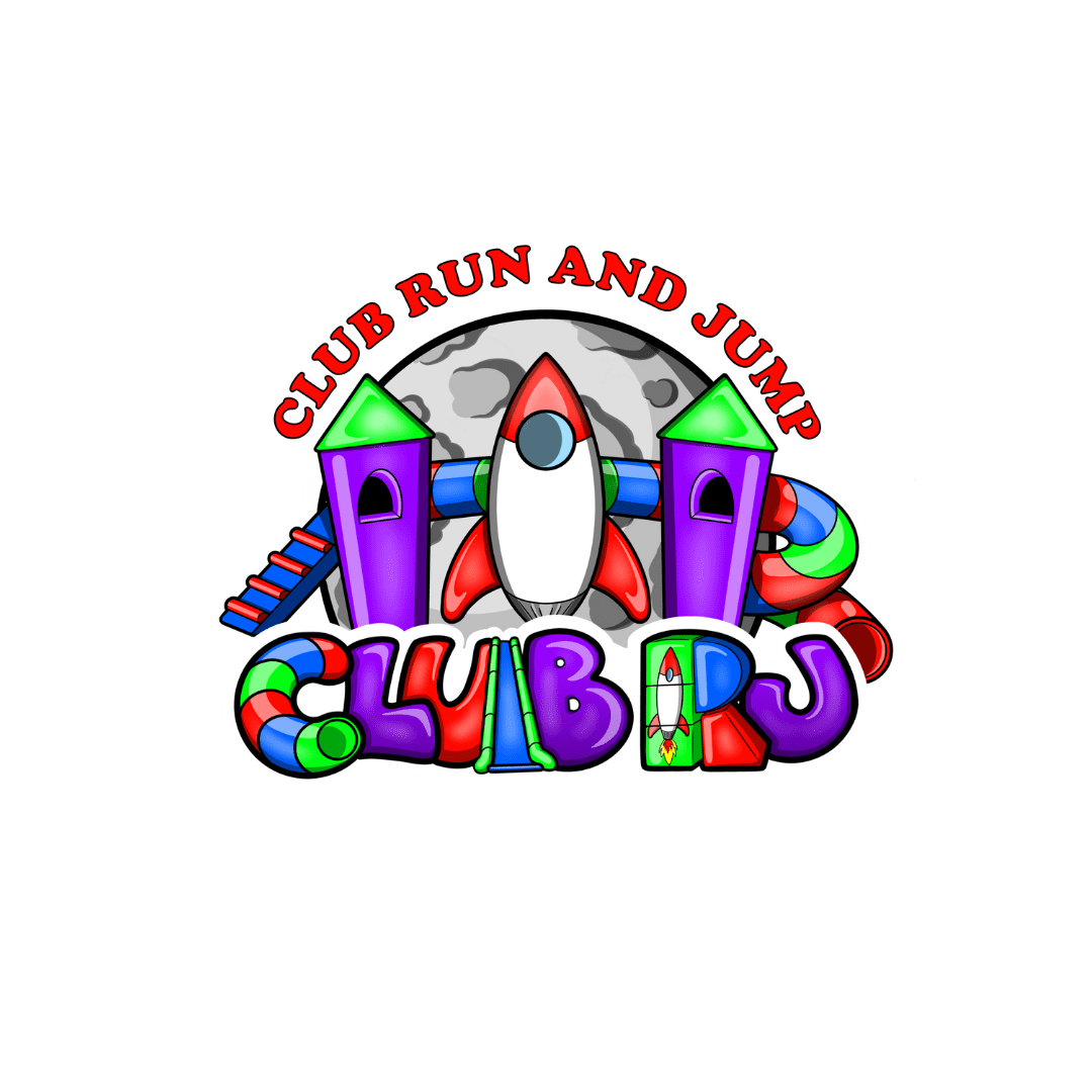 Colorful logo for "club run and jump" featuring a rocket and playful elements.